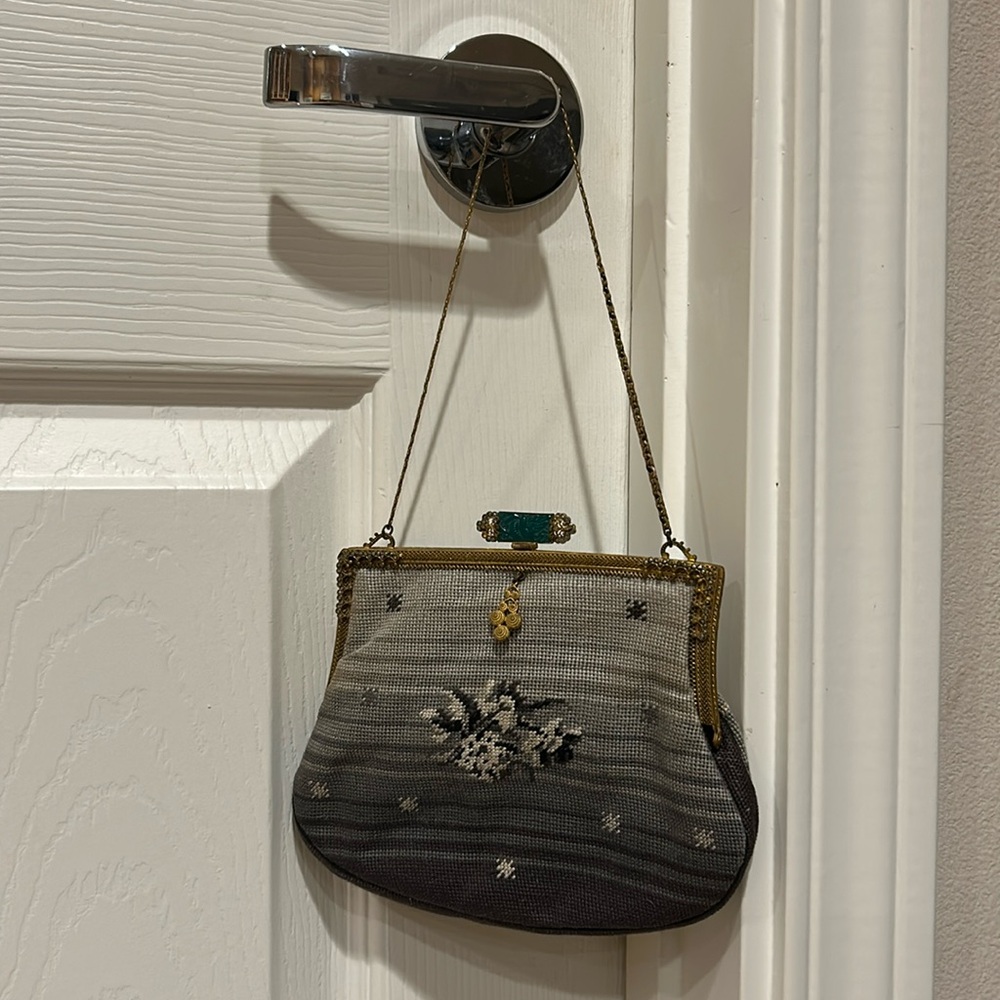 Vtg Art Deco Needlepoint Jadeite 1930s evening bag small purse